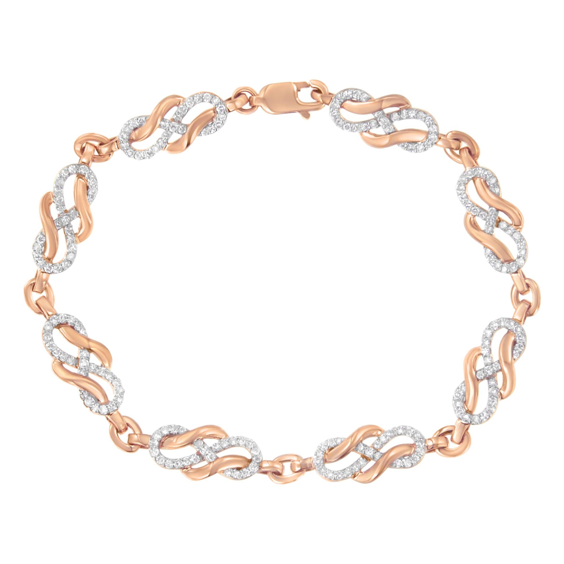 Top-down view of a rose-colored bracelet featuring interconnected links adorned with round white gemstones in pave setting.