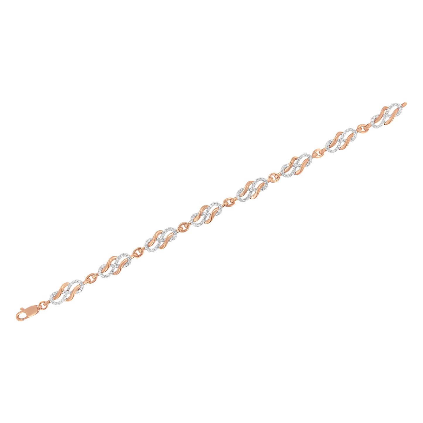 Bracelet with rose metal and linked twisted oval shapes, featuring pave-set round white gemstones, shown from a top flat angle.
