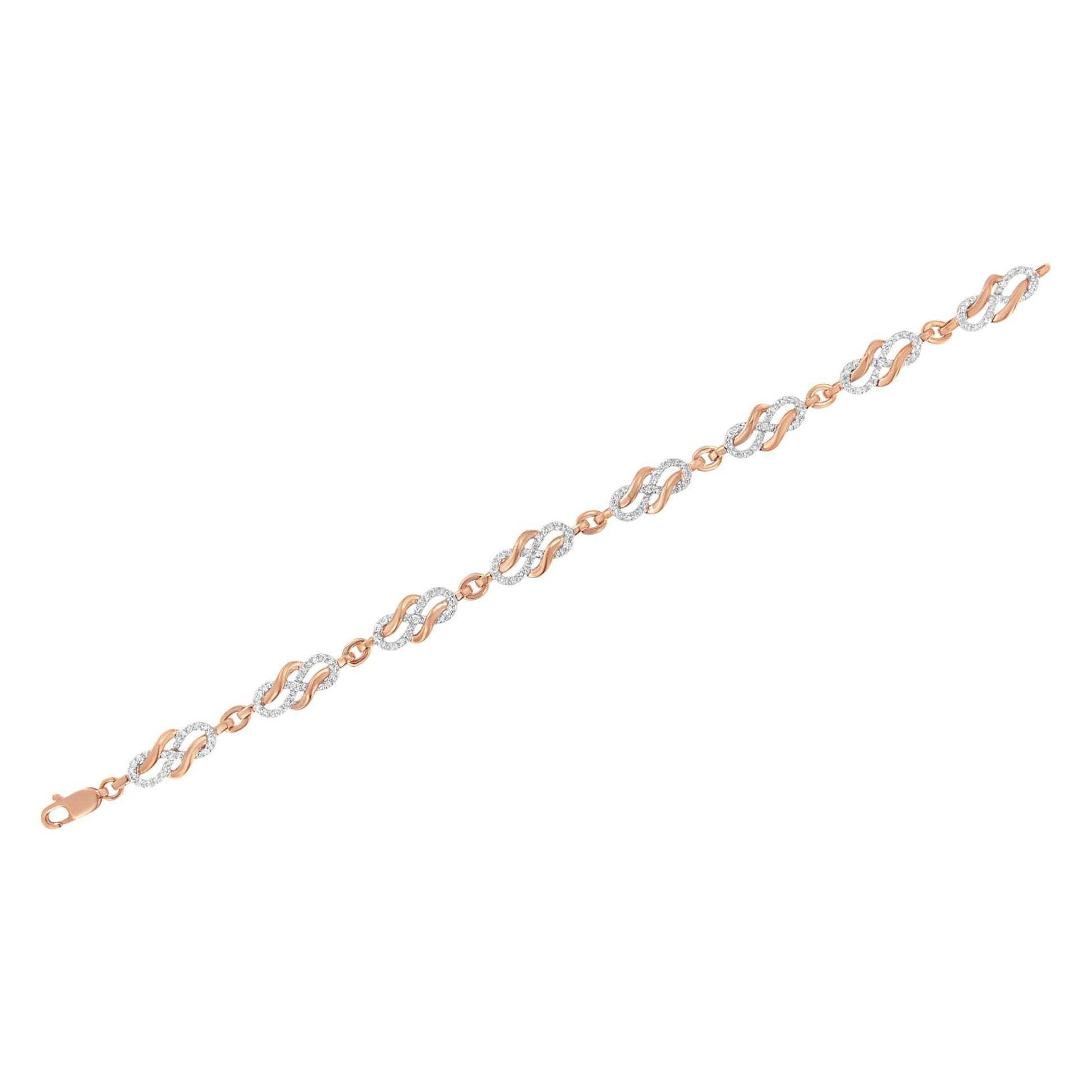 Bracelet with rose metal and linked twisted oval shapes, featuring pave-set round white gemstones, shown from a top flat angle.