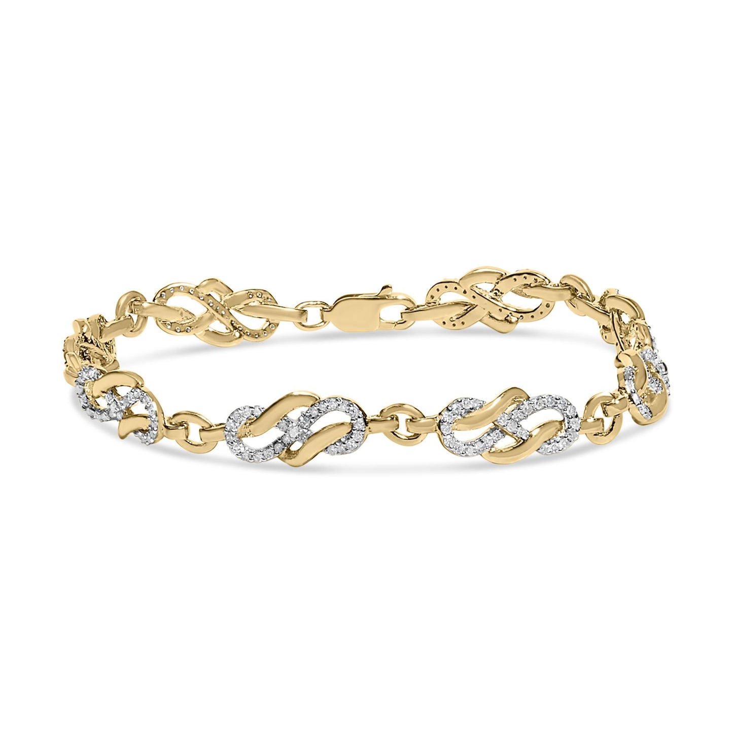 Yellow metal bracelet with alternating infinity-shaped links, some decorated with pave-set round white gemstones, shown in a front angled view.