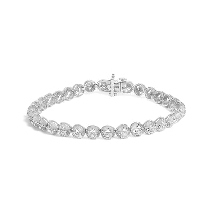 White metal bracelet with round white gemstones in prong settings, shown from a front angle on a white background.