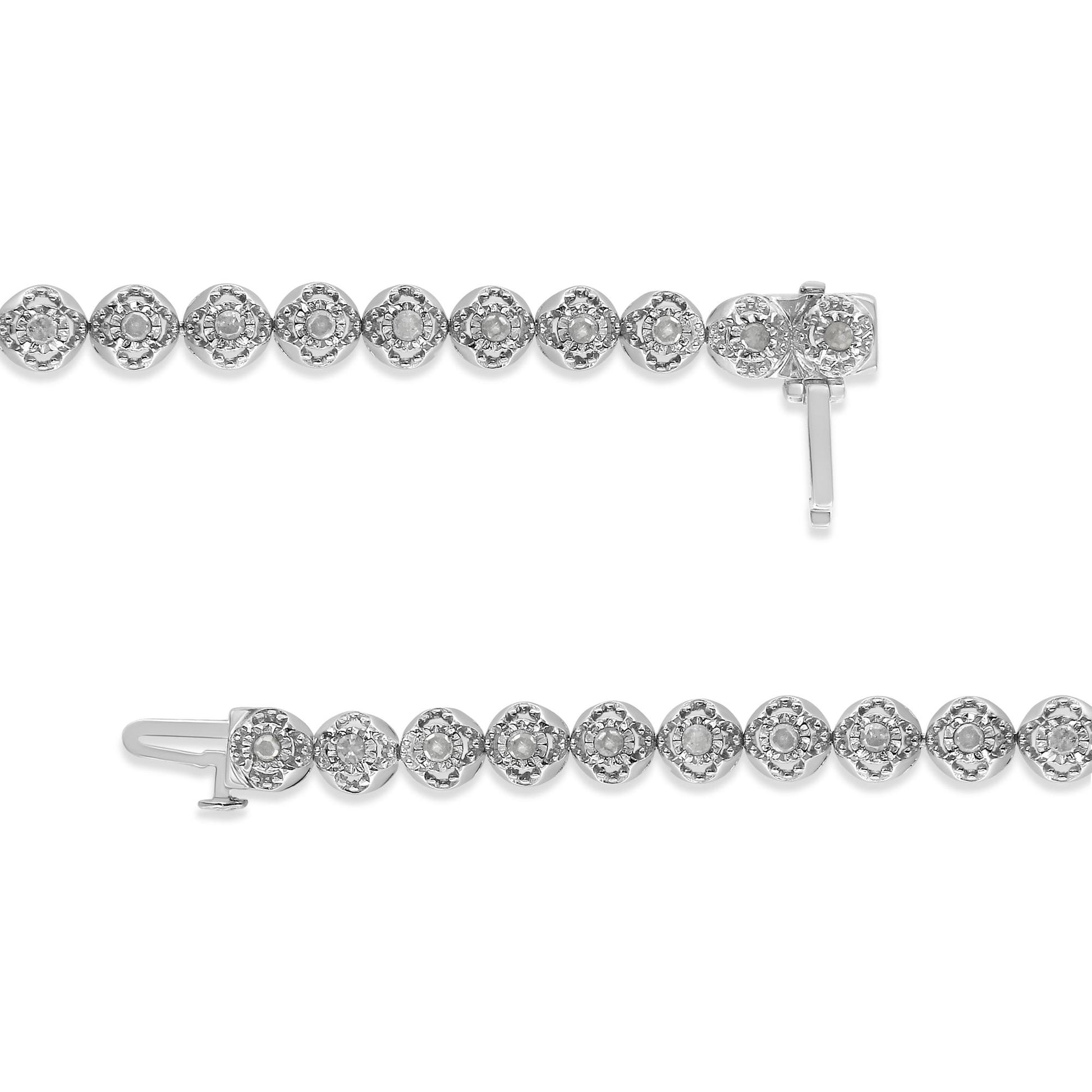 Close-up top view of a white bracelet featuring round white gemstones in prong settings, shown extended with clasp visible.