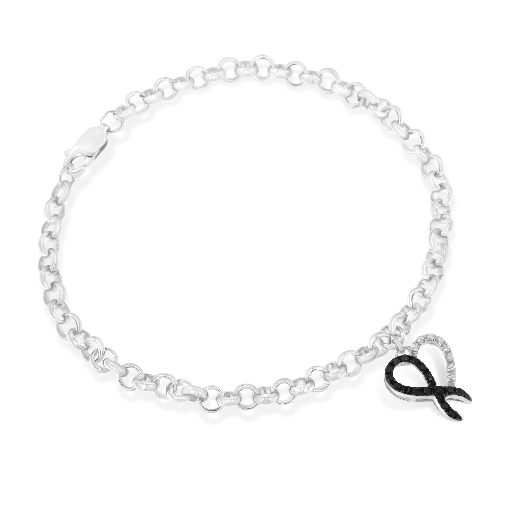 White metal bracelet with round white and black gemstones in prong settings forming a ribbon charm, shown in a top-down angle.