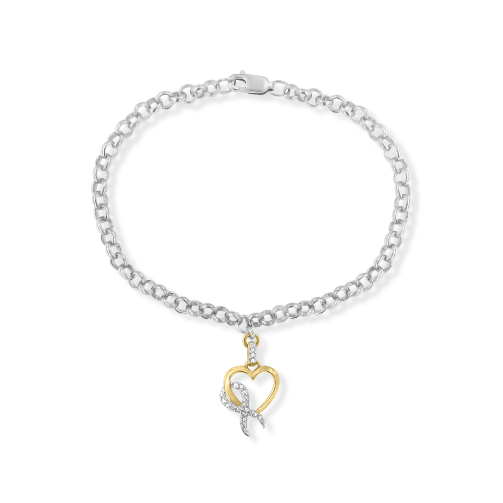 Top-down view of a two-toned bracelet with a round linked chain and a heart-shaped pendant featuring white gemstones.
