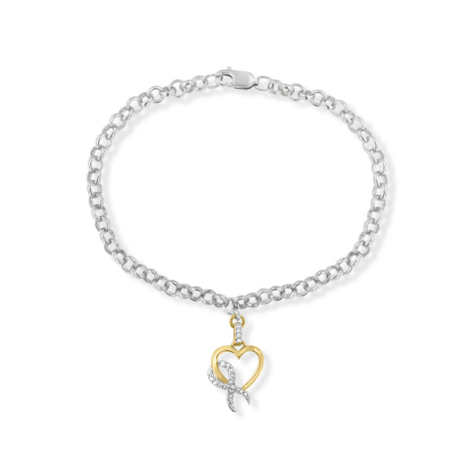 Top-down view of a two-toned bracelet with a round linked chain and a heart-shaped pendant featuring white gemstones.