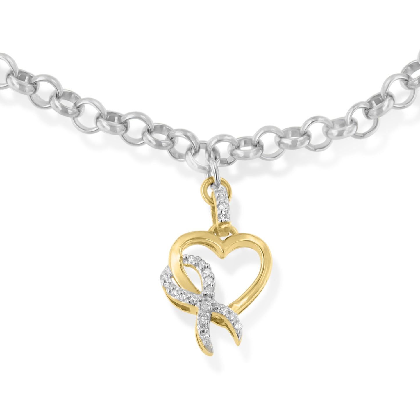 Close-up of two-toned bracelet chain with heart-shaped pendant featuring white gemstones in prong setting, viewed from the front.