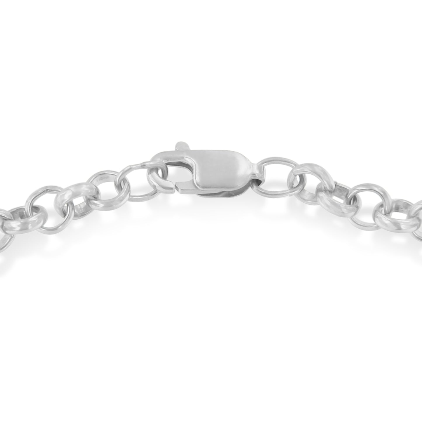 Close-up top view of a two-toned bracelet clasp and chain links.