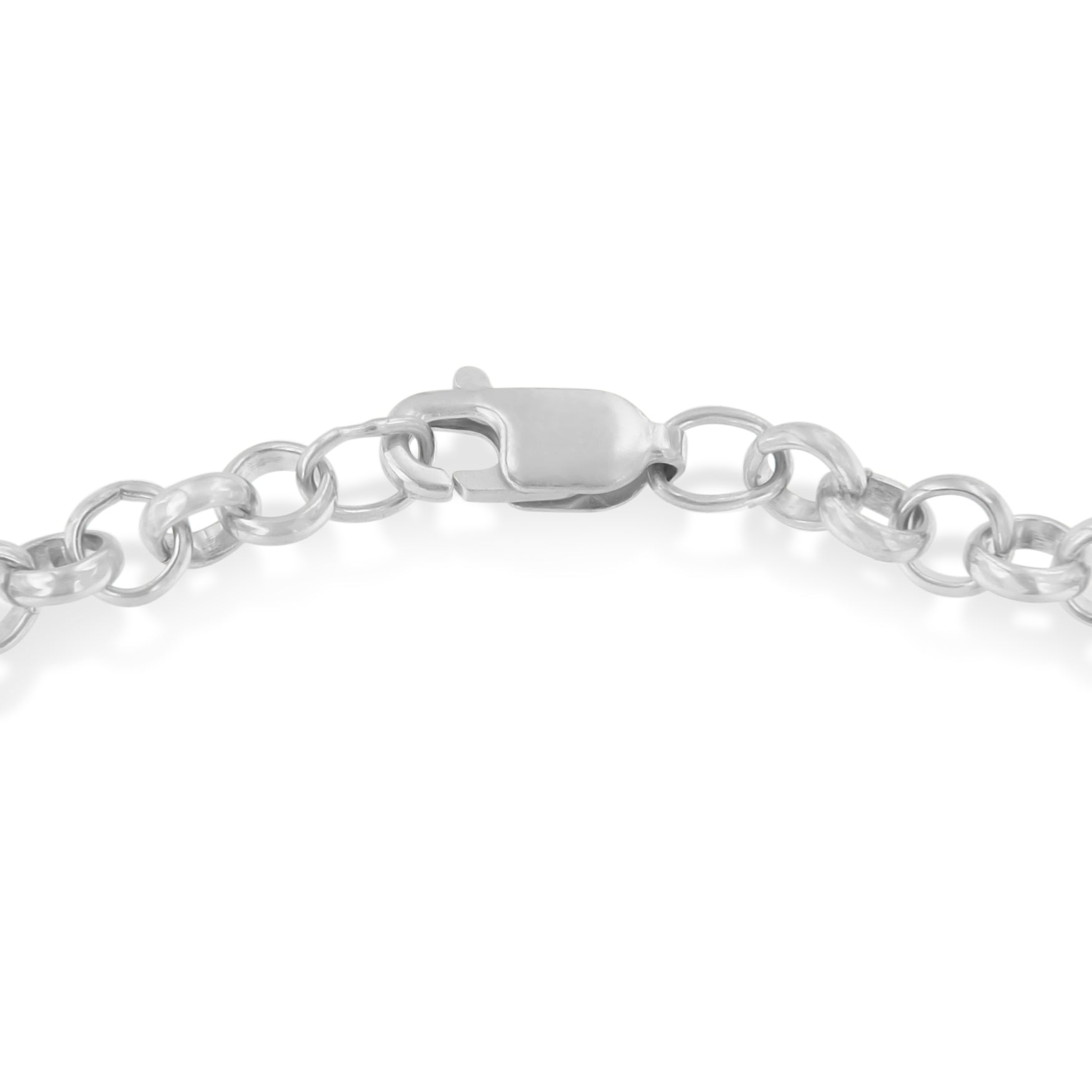 Close-up top view of a two-toned bracelet clasp and chain links.