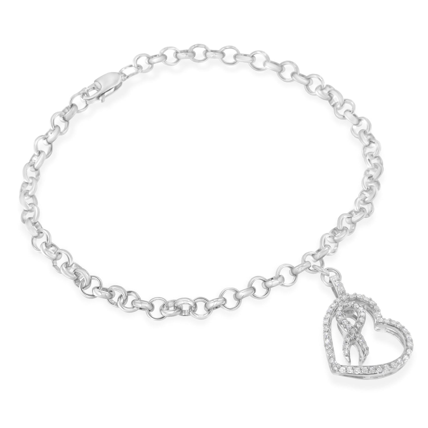 White metal bracelet with round white gemstones in prong setting forming an open heart charm, shown from a top angle.