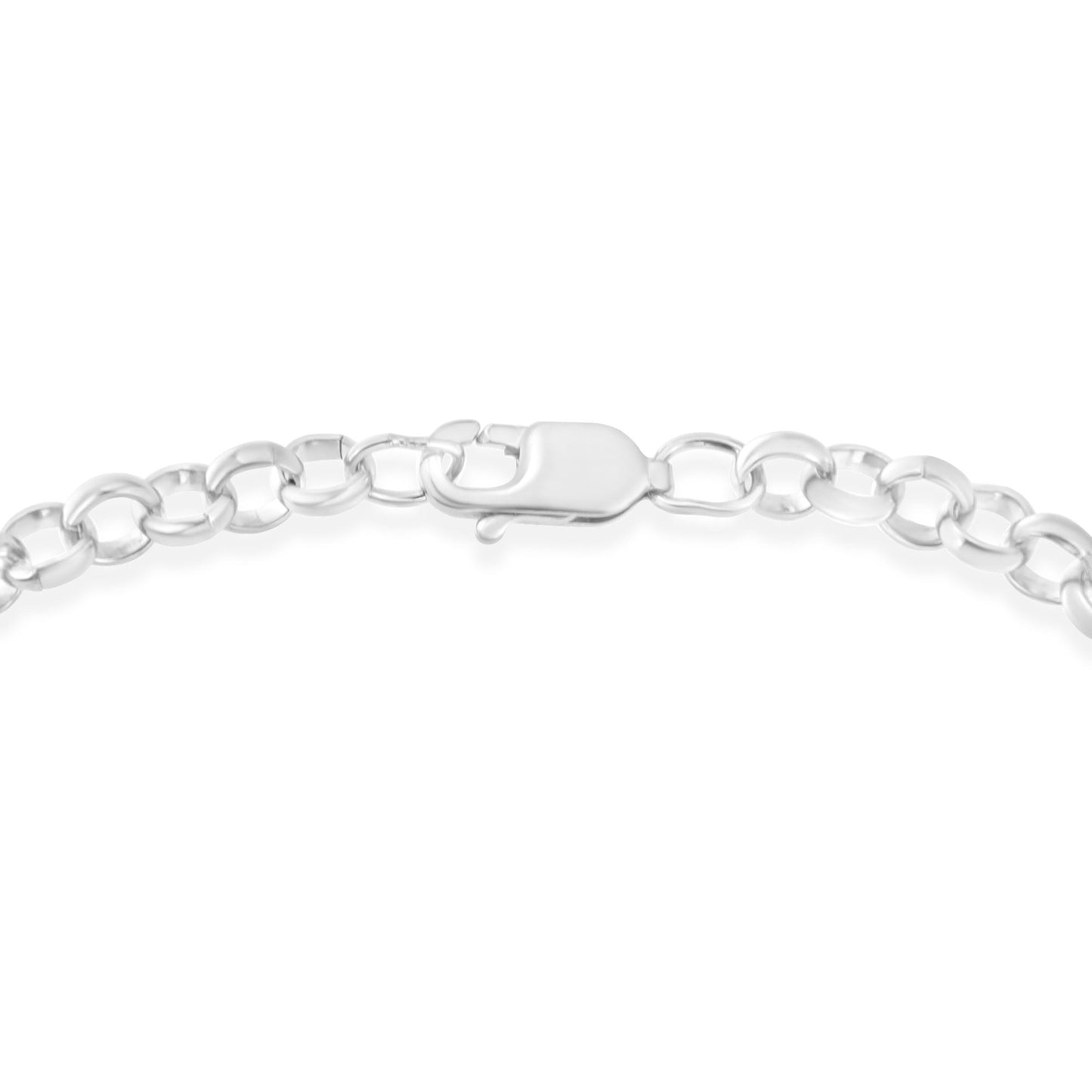 Close-up image of a white metal bracelet chain with a lobster clasp, shot from a top-down angle.