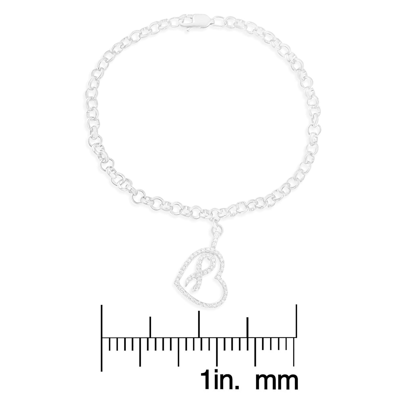 White metal chain bracelet with a heart-shaped charm featuring a ribbon design embellished with round white gemstones, shown flat against a white background with a ruler below for size reference, viewed from the top.