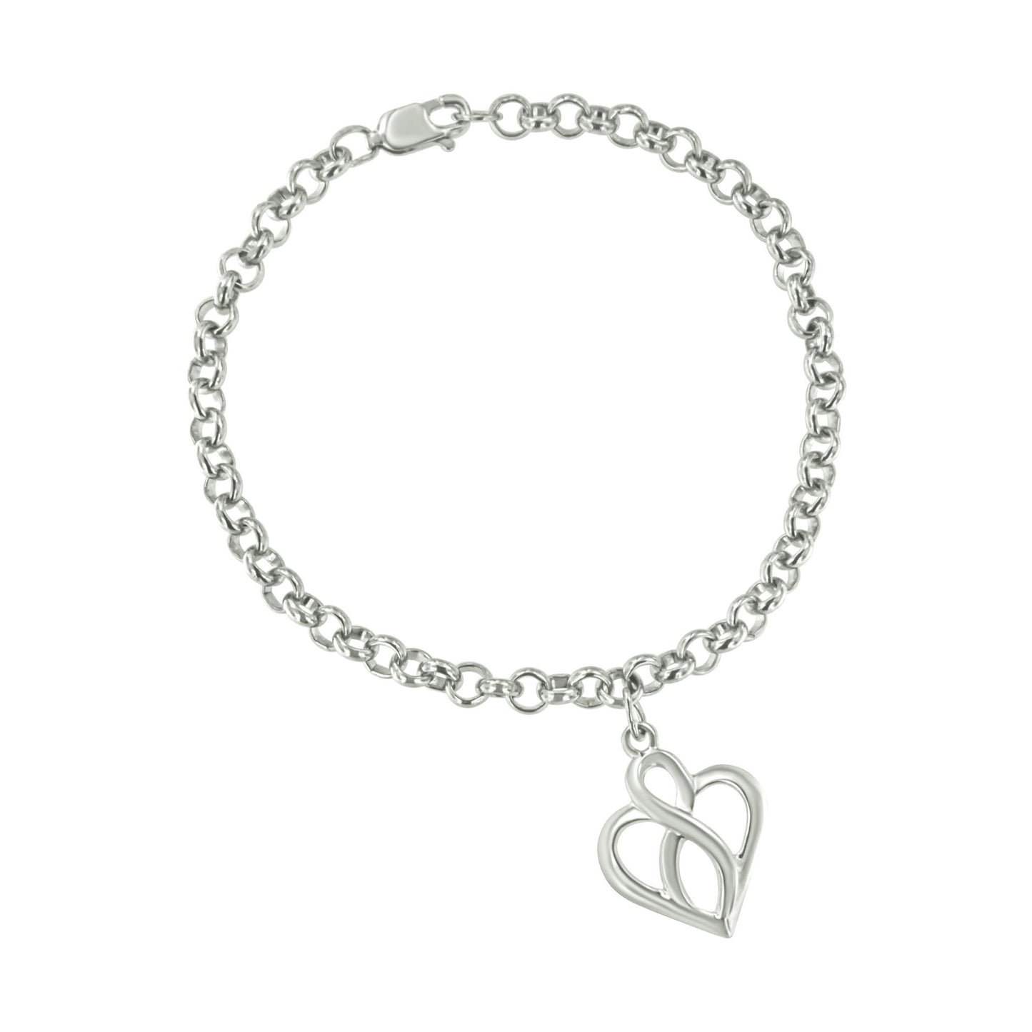 White metal bracelet with chain links and a heart-shaped pendant, shown from a top-down angle.