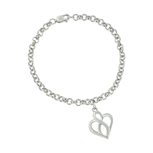 White metal bracelet with chain links and a heart-shaped pendant, shown from a top-down angle.