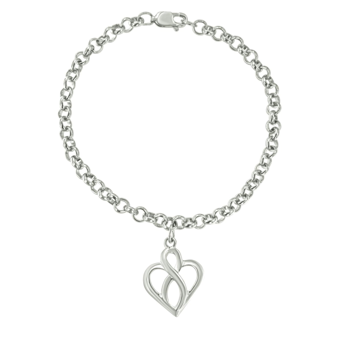 White metal chain bracelet with an abstract heart-shaped charm, shown from a front angle on a white background.