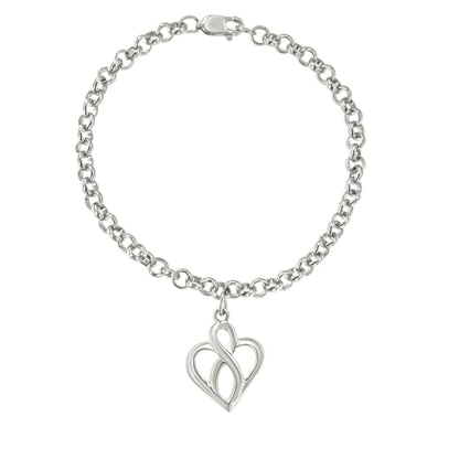 White metal chain bracelet with an abstract heart-shaped charm, shown from a front angle on a white background.