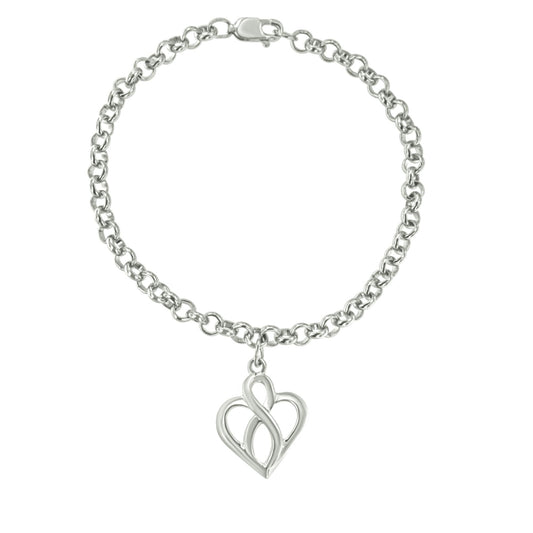 White metal chain bracelet with an abstract heart-shaped charm, shown from a front angle on a white background.