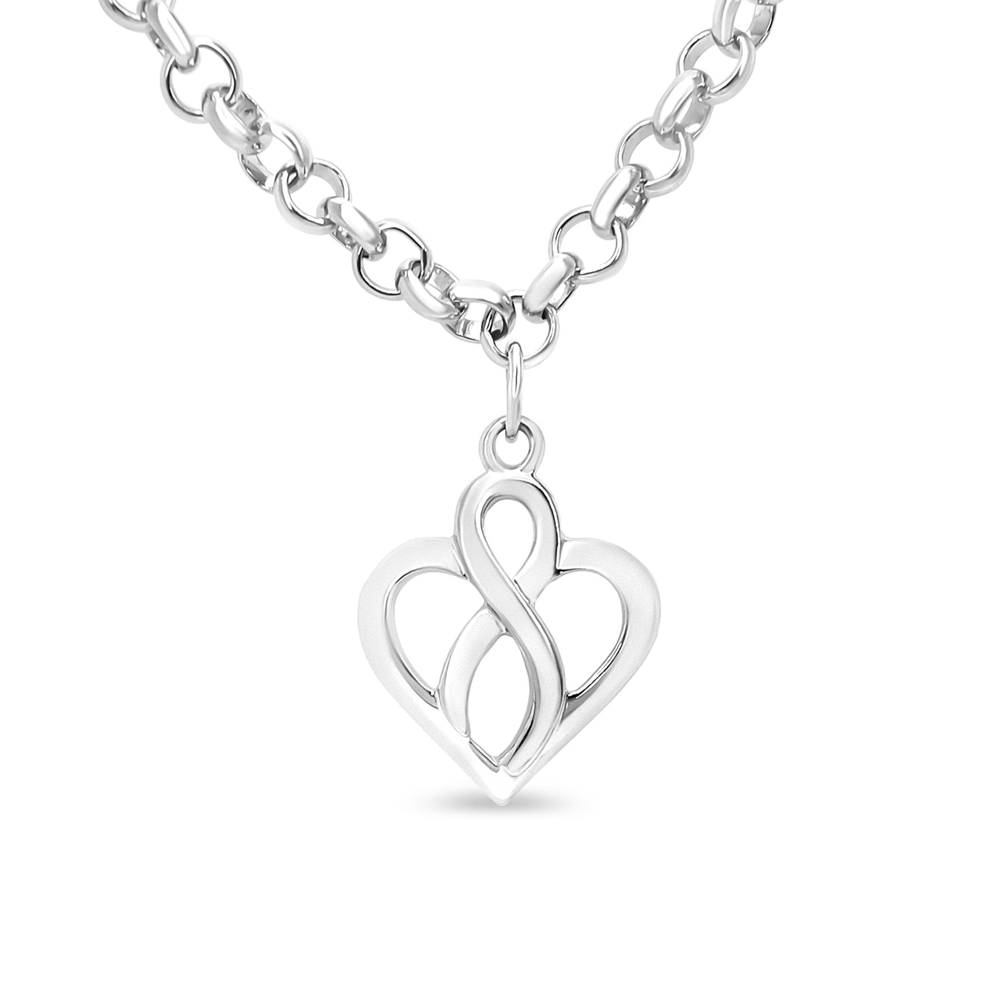 Bracelet with oval links and a hanging heart-shaped charm with an infinity symbol, white metal, front angle.