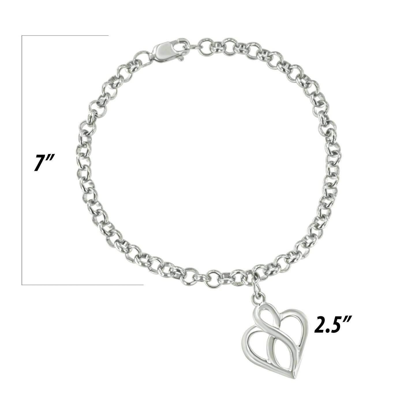 Top-down view of a white metal chain bracelet with a heart-shaped charm, displayed on a ruler for size reference.