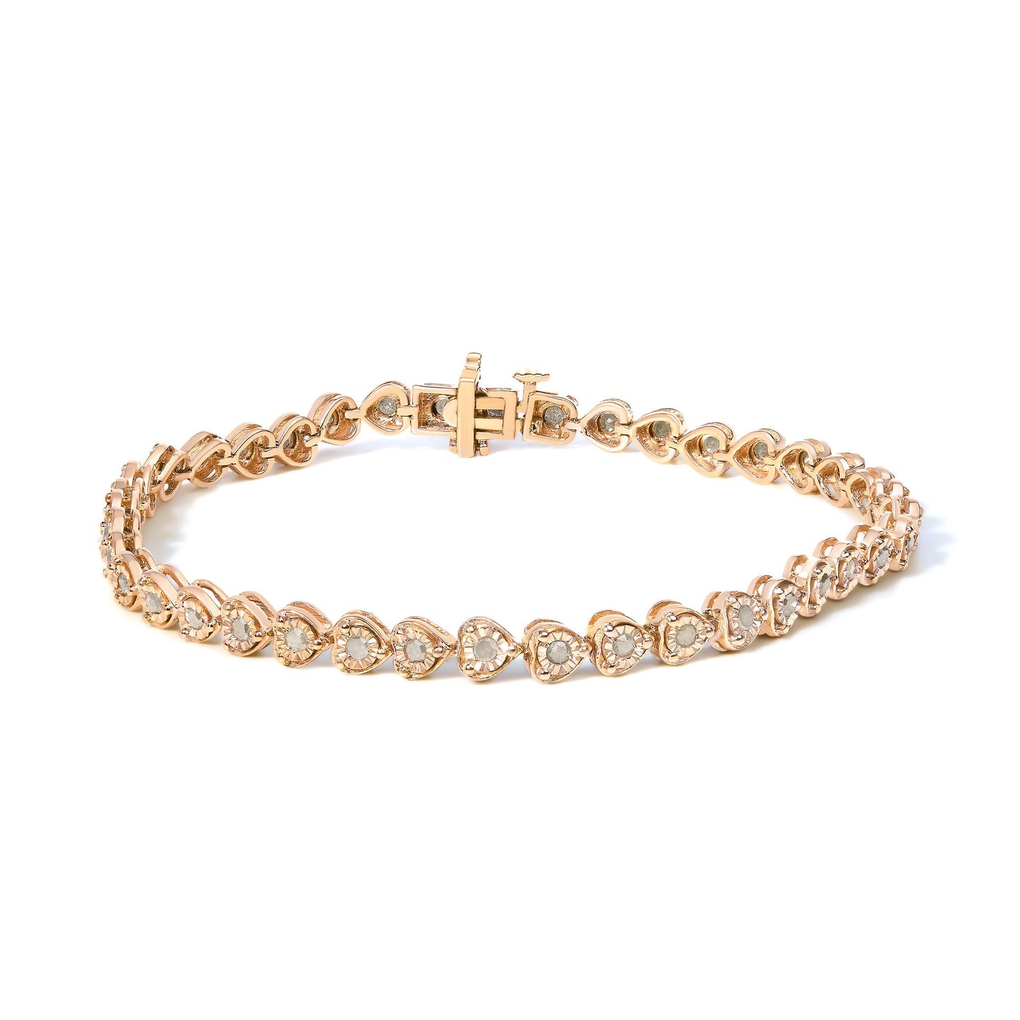 Rose-colored bracelet with heart-shaped links each set with a round white gemstone in a miracle setting, photographed from a slightly elevated angle on a white background.
