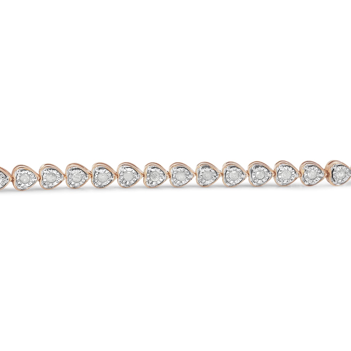 Close-up front view of a rose-colored bracelet featuring a continuous line of heart-shaped settings, each with a round white gemstone in a miracle setting.