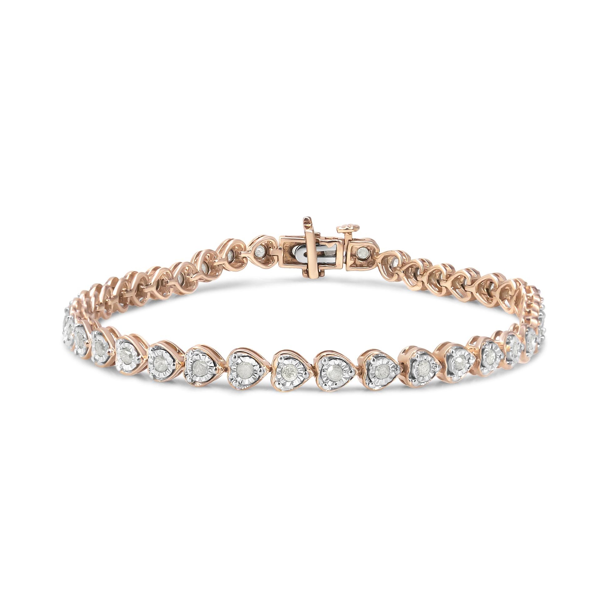 Rose-colored bracelet with round white gemstones in a miracle setting, shown from a front angle on a white background.