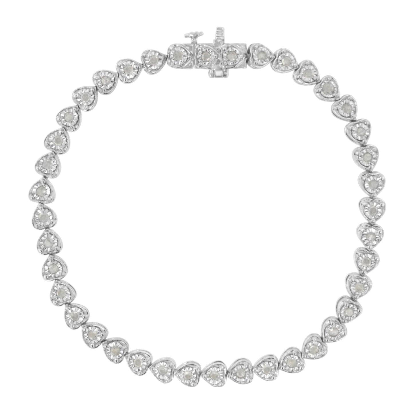 Top-down view of a white metal bracelet featuring heart-shaped links, each set with a round white gemstone in miracle setting, showcasing the clasp at the top center.