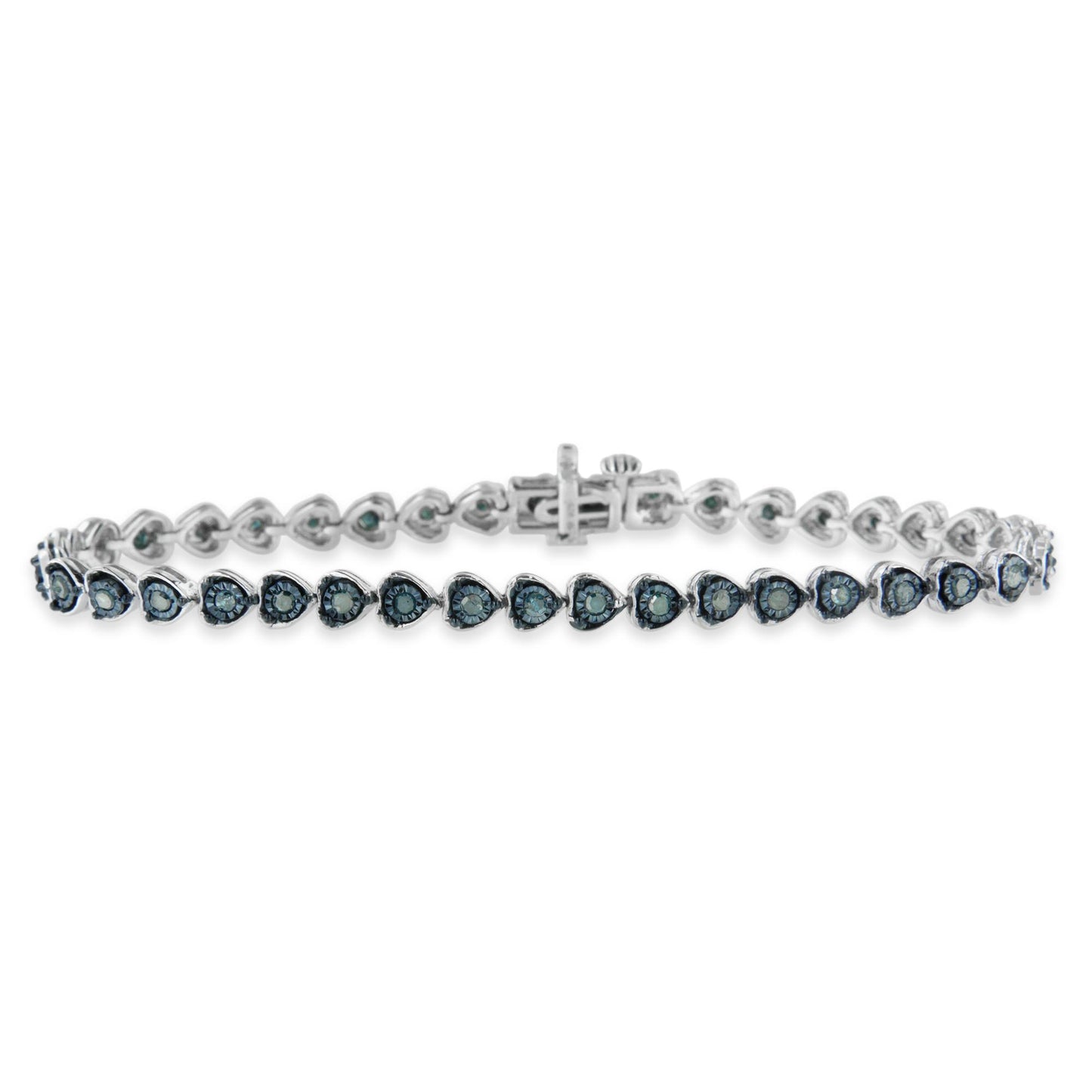 Bracelet with white metal and round blue gemstones set in heart-shaped settings, shown from the front angle.