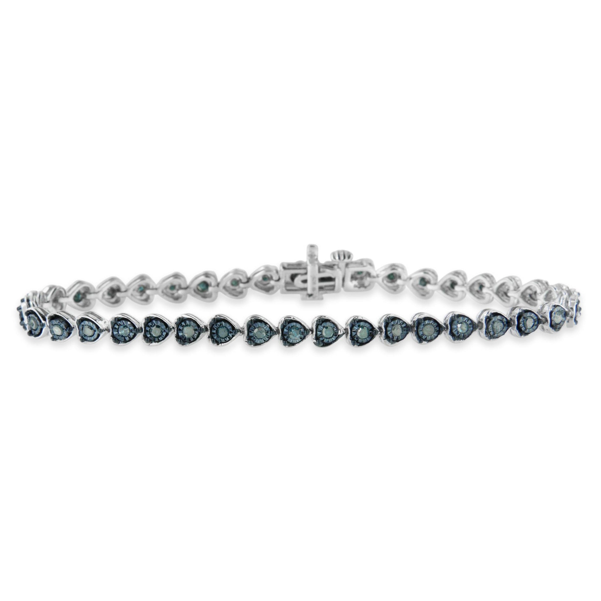 Bracelet with white metal and round blue gemstones set in heart-shaped settings, shown from the front angle.