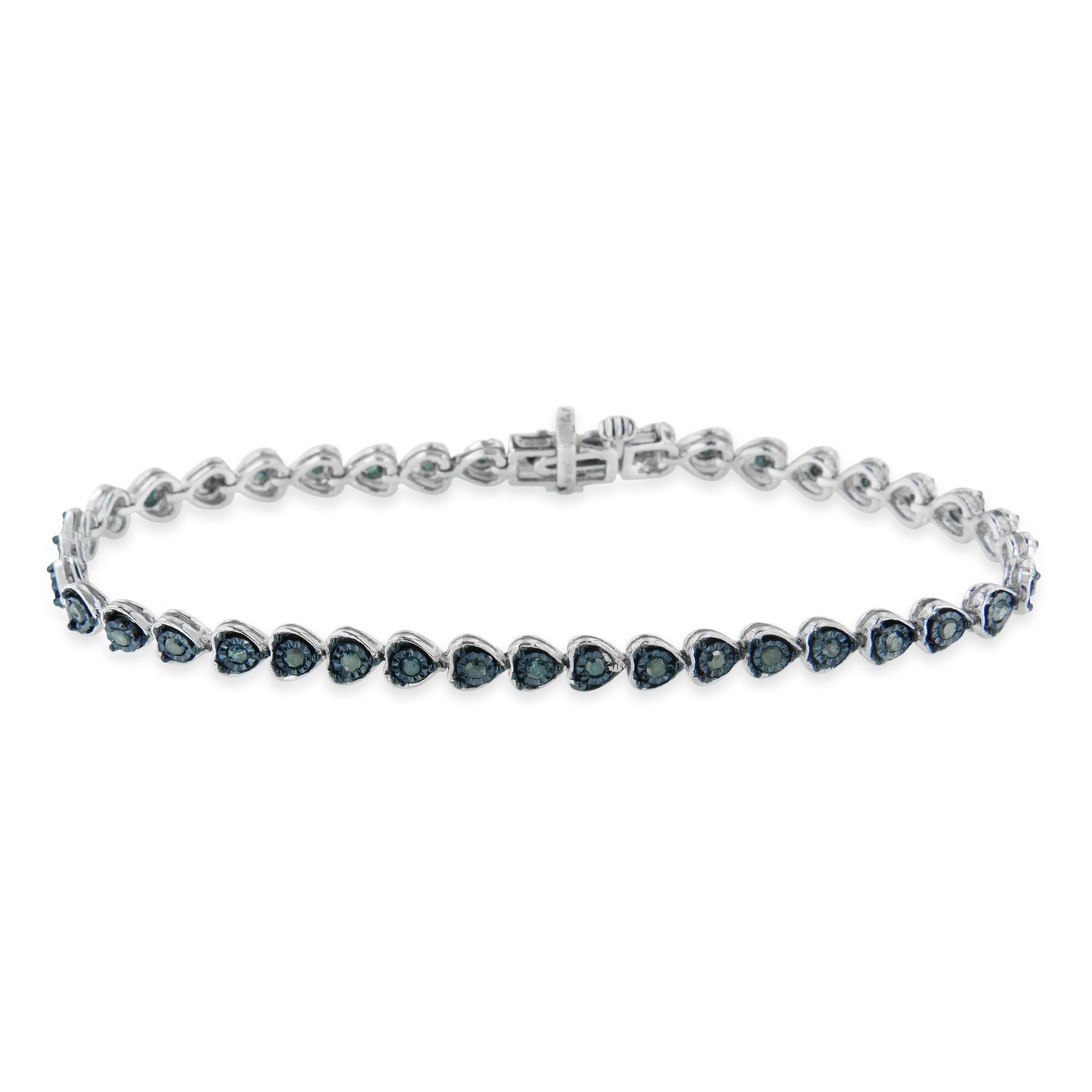 White metal bracelet with round blue gemstones in miracle setting, shown from front angle.