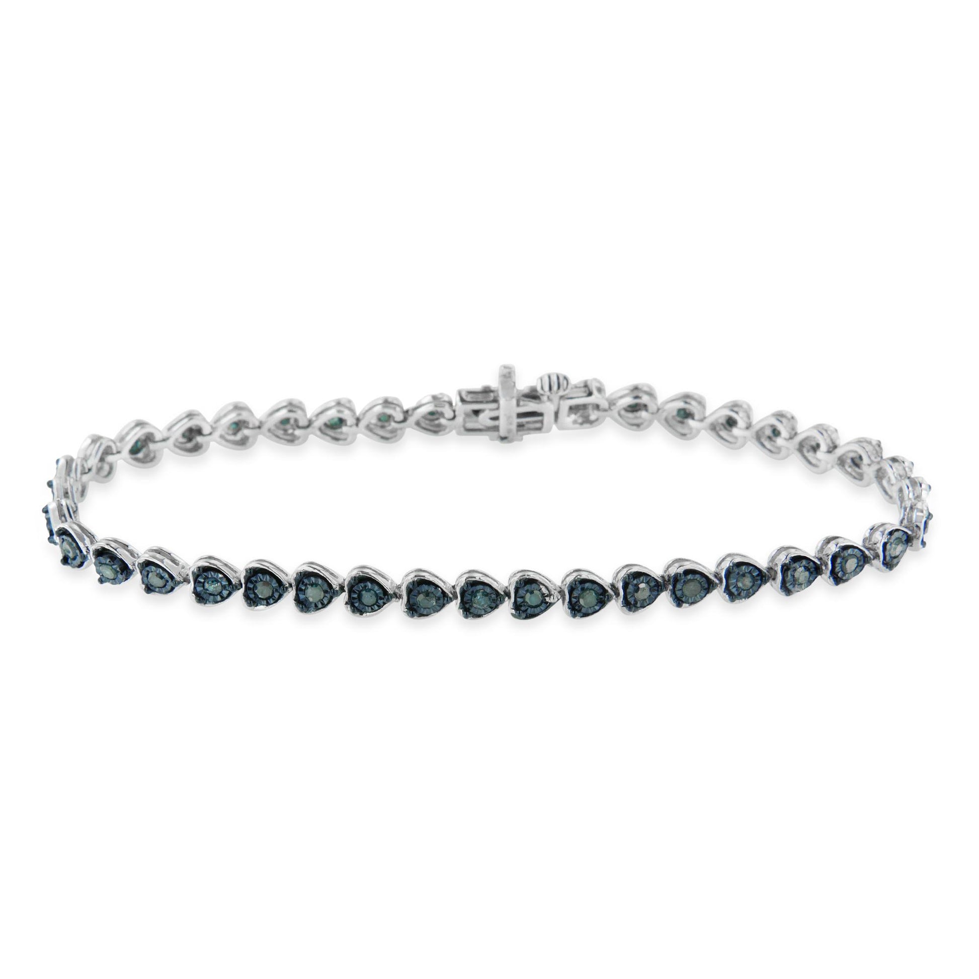 White metal bracelet with round blue gemstones in miracle setting, shown from front angle.