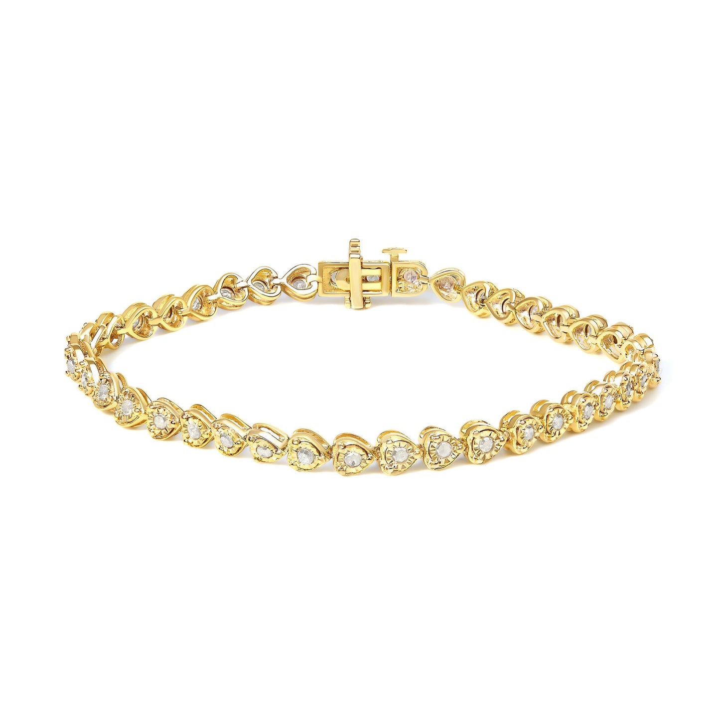 Yellow metal bracelet with round white gemstones in a miracle setting, shown from a top angled view.