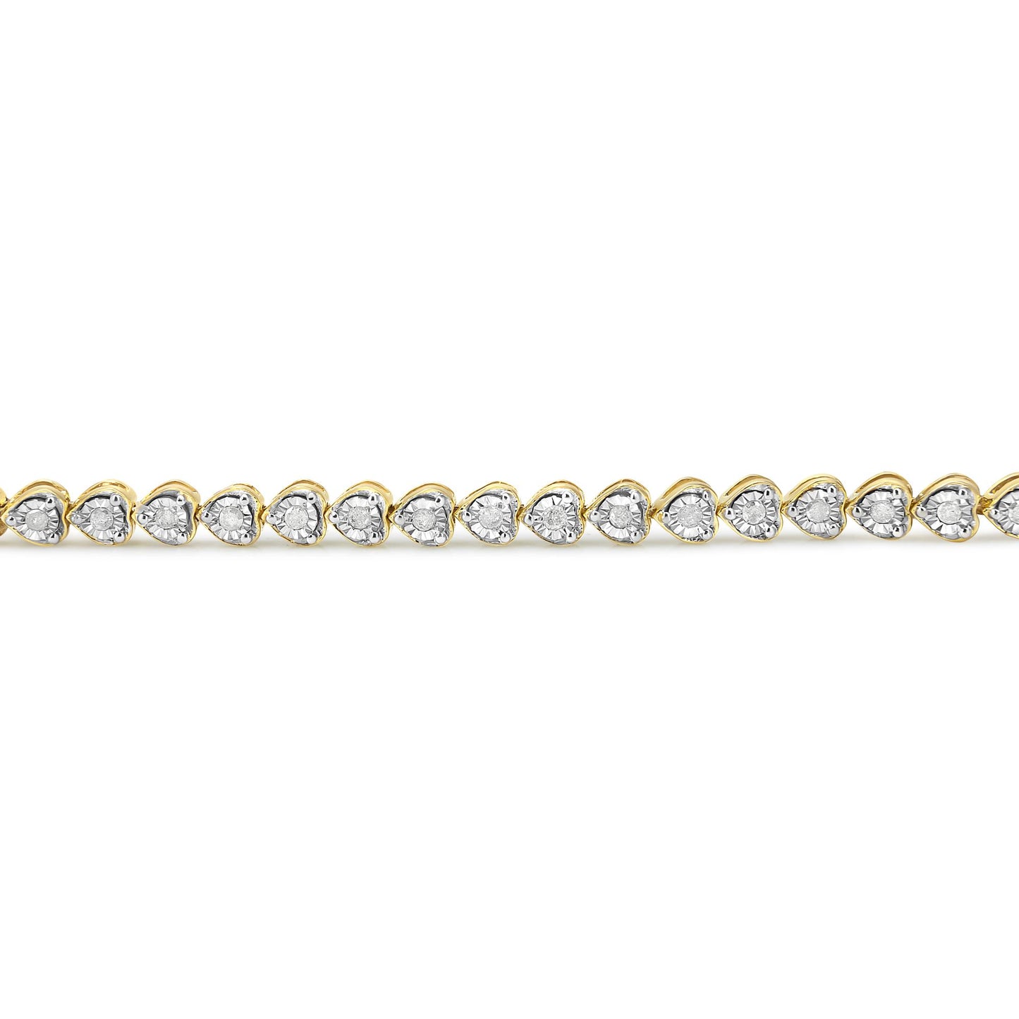 Straight-on view of a yellow bracelet featuring heart-shaped links, each set with a round white gemstone in a miracle setting.