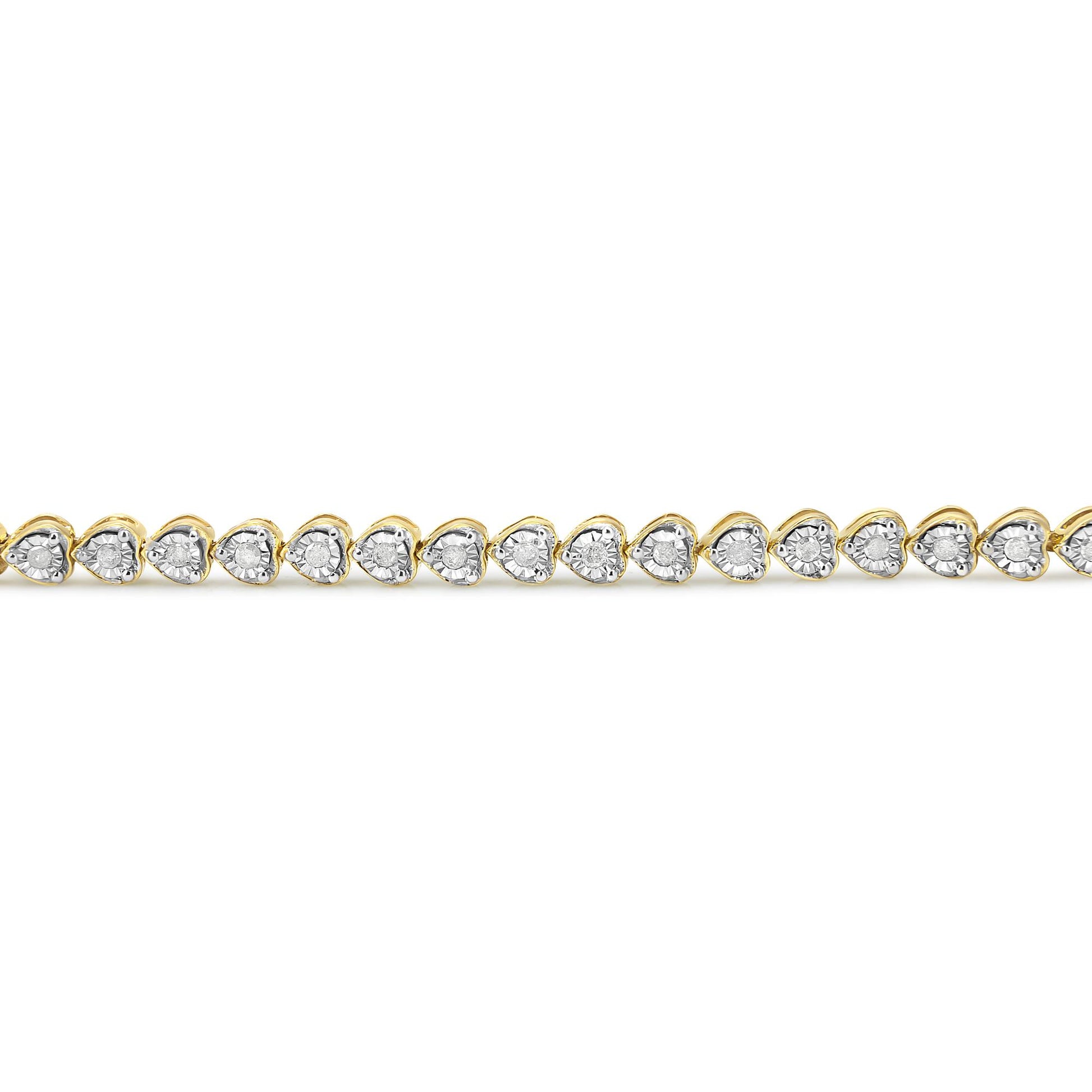 Straight-on view of a yellow bracelet featuring heart-shaped links, each set with a round white gemstone in a miracle setting.