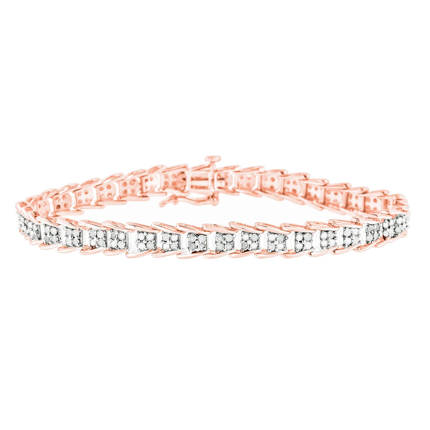 Rose metal bracelet with prong-set round white gemstones viewed from an angled side perspective.