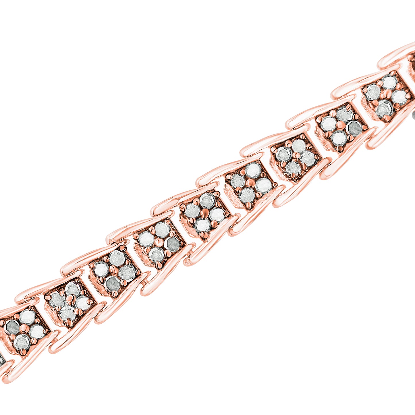 Close-up diagonal shot of a rose-colored bracelet with sections each set with multiple round white gemstones in prong settings.