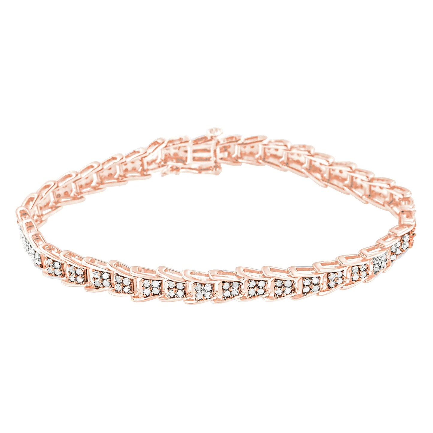 Rose metal bracelet with rows of round white gemstones set in prongs, angled top view.