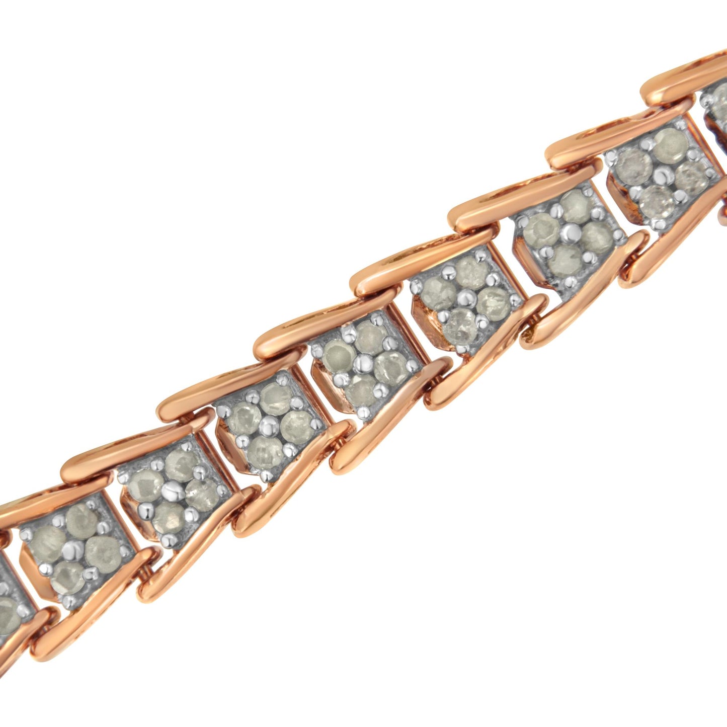 Close-up angled shot of a rose-colored bracelet with linked segments, each set with multiple round white gemstones in prong settings.