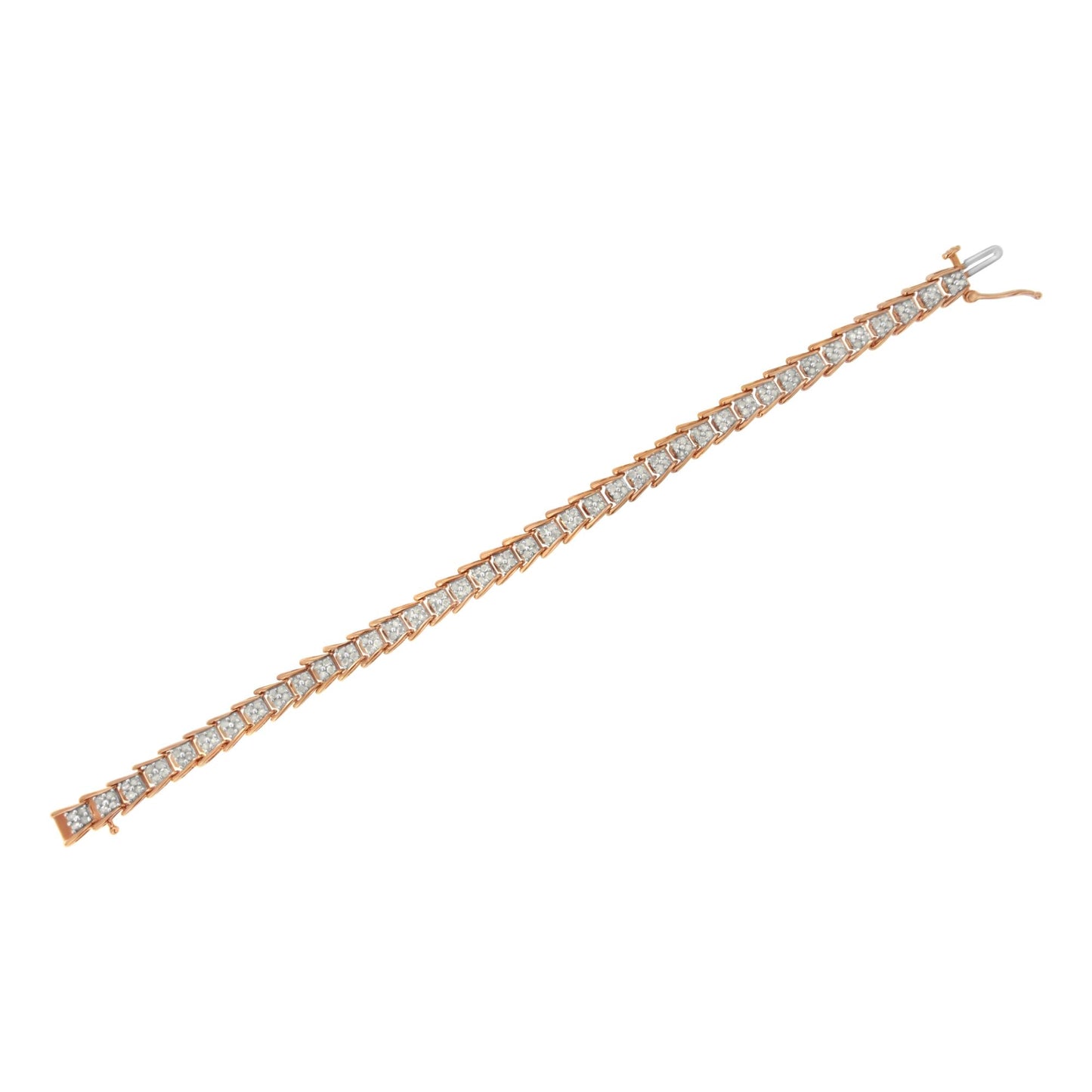 Rose-colored bracelet with a tapered design featuring two rows of round white gemstones in prong settings, shown from a top angled view.