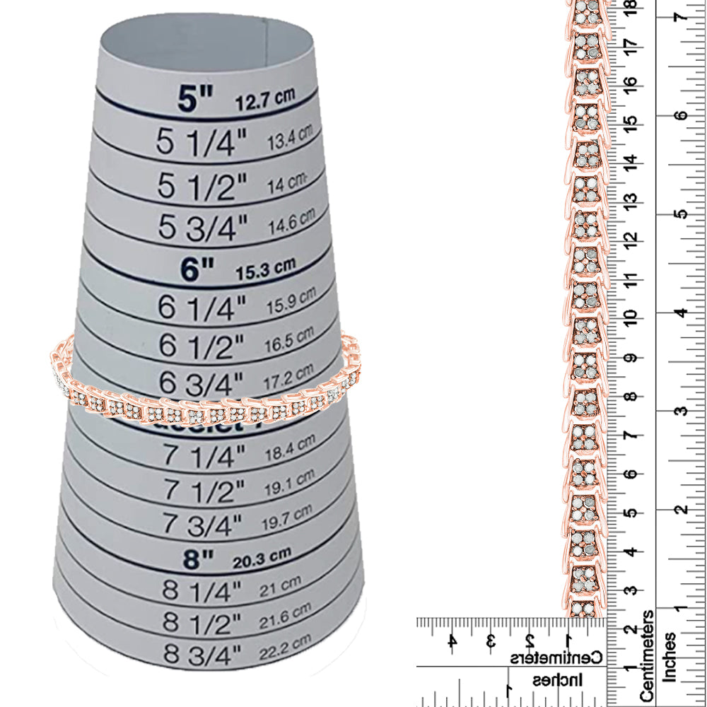 Rose metal bracelet with white round gemstones in prong settings, shown on a size measuring cone and next to rulers for size reference, displayed from a front angle.