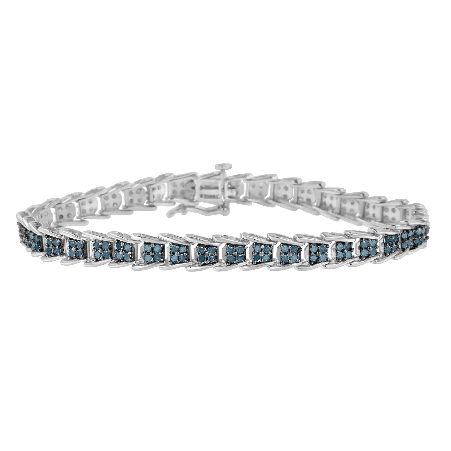White metal bracelet with multiple linked segments, each set with clusters of round blue gemstones, shown from a front angle.