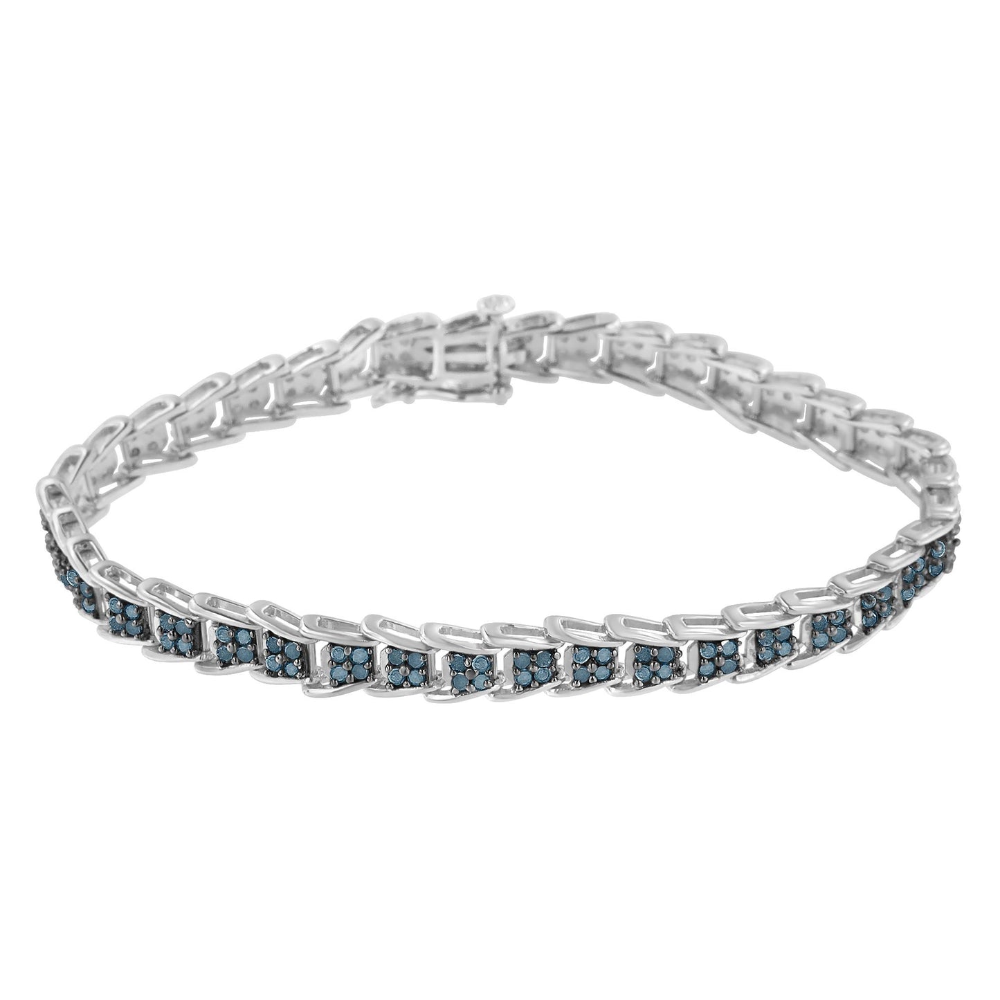 White metal bracelet with blue round gemstones in prong settings, shown from a front angle.