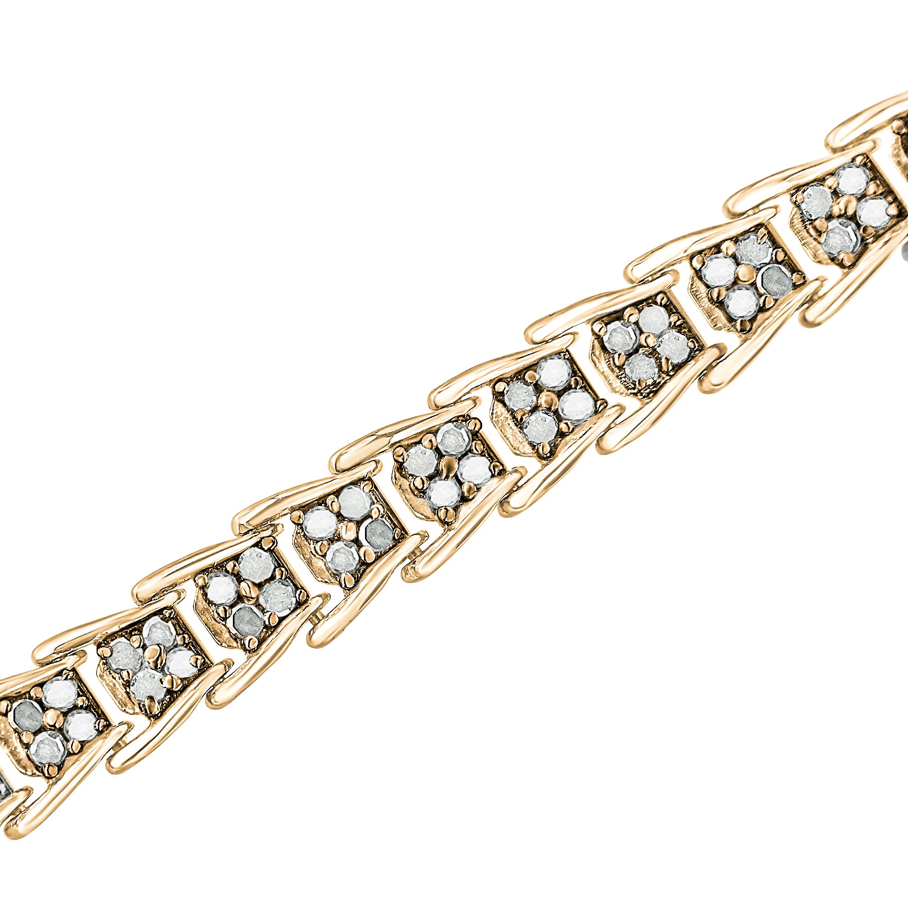 Close-up angled view of a yellow metal bracelet featuring multiple square links each set with cluster of round white gemstones in prong settings.