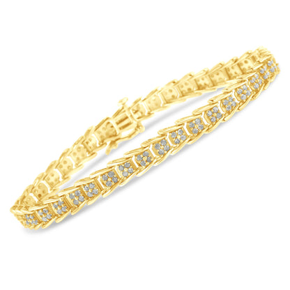 Angled close-up of a yellow bracelet featuring multiple round white gemstones in prong settings along its length.