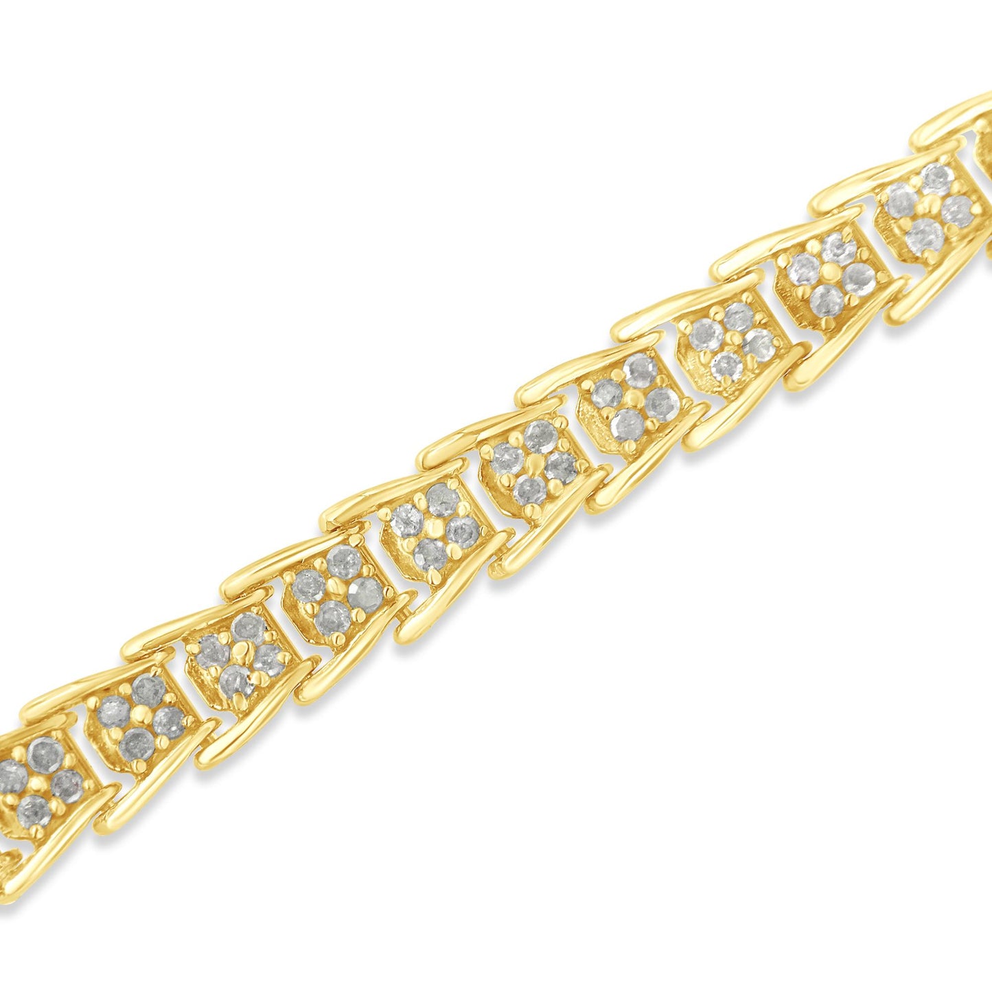 Diagonal close-up of a yellow bracelet with connected geometric links, each set with multiple round white gemstones in prong settings.