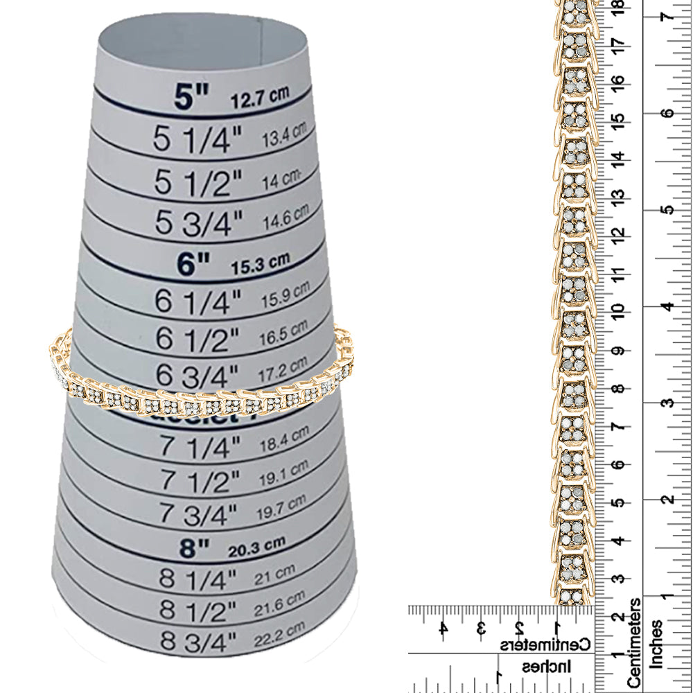 Yellow bracelet with round white gemstones in prong settings, shown on a size cone and next to rulers for size reference, photographed from the front and side angles.