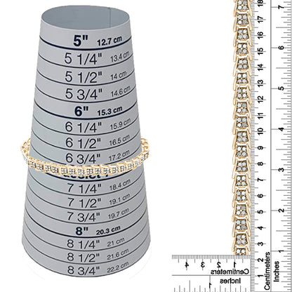 Yellow bracelet with round white gemstones in prong settings, shown on a size cone and next to rulers for size reference, photographed from the front and side angles.