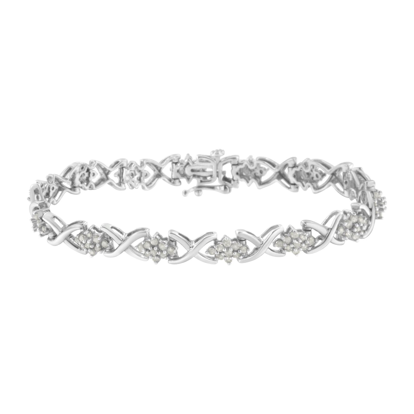 White metal bracelet with alternating twisted links and clusters of round white gemstones in prong settings, shown from a top angled view.