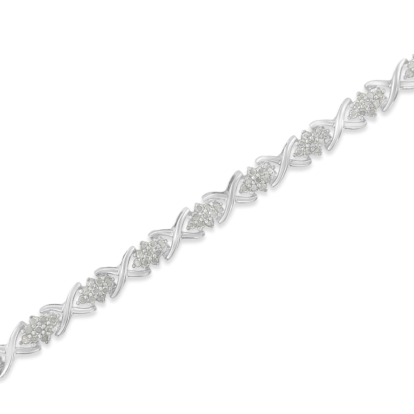 White metal bracelet with alternating clusters of round white gemstones and X-shaped links, shown in a diagonal close-up shot.