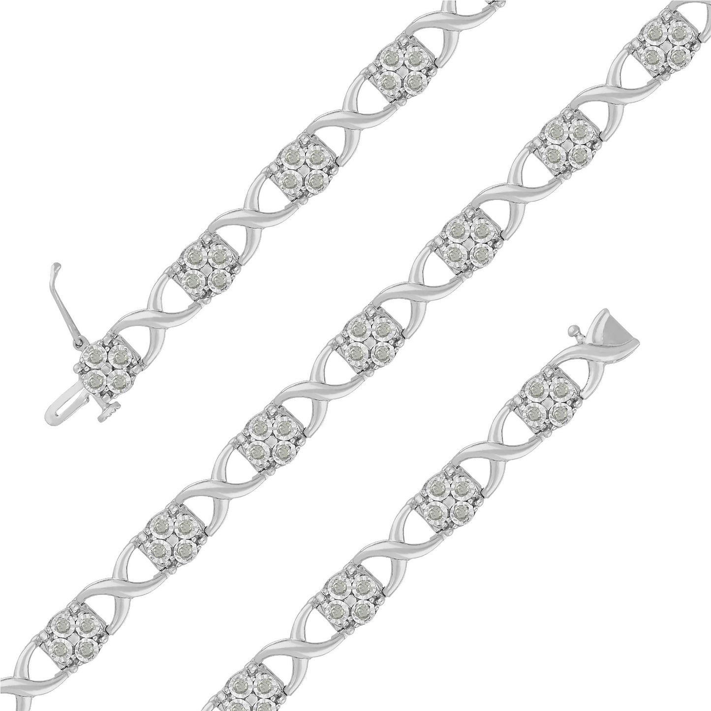 Top-down view of a white bracelet with alternating twisted links and clusters of round white gemstones in prong settings.