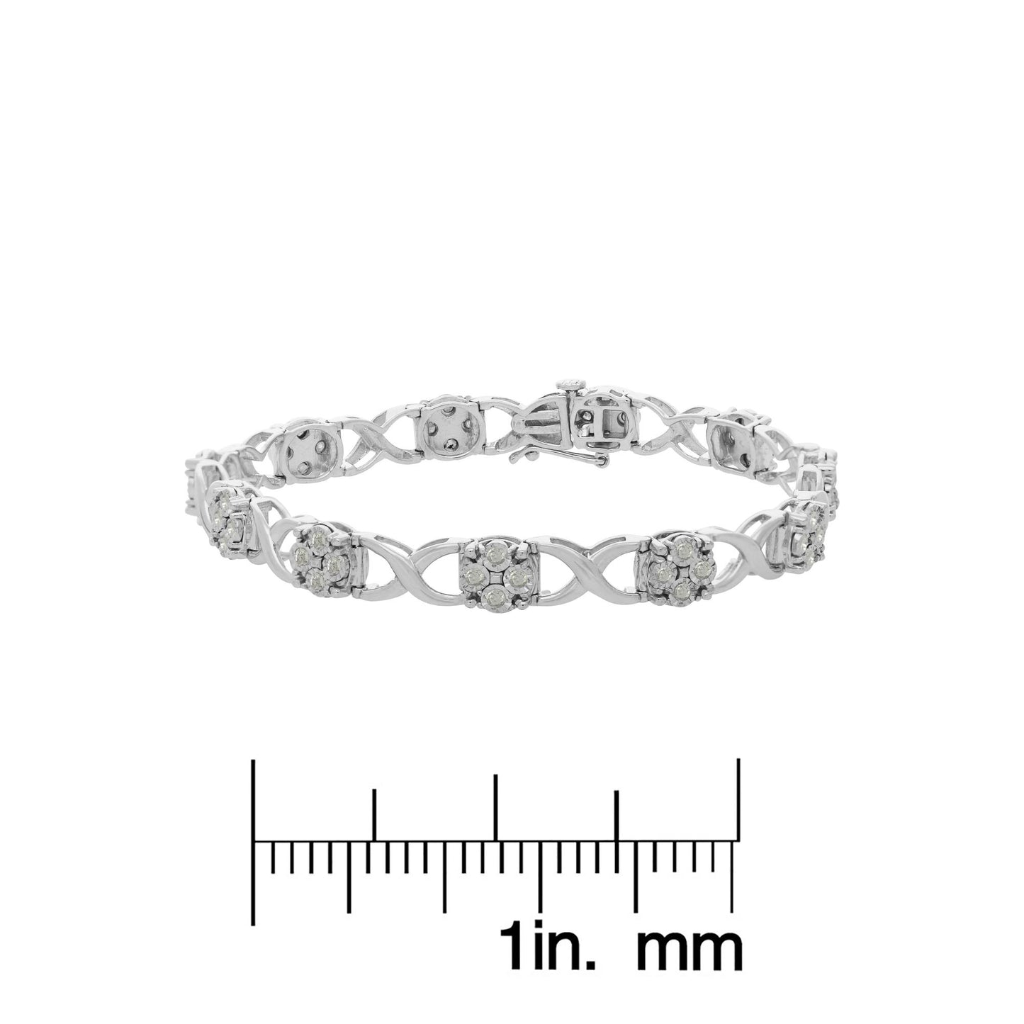 White metal bracelet with round white gemstones in prong settings, displayed flat on a ruler for size reference, shown from a front angle.